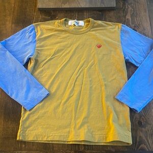 Comme des Garcons PLAY Two-Tone Long Sleeve Tee in Mustard and Light Blue M